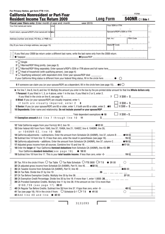 Fillable Form 540nr - California Nonresident Or Part-Year Resident Income Tax Return - 2009 Printable pdf