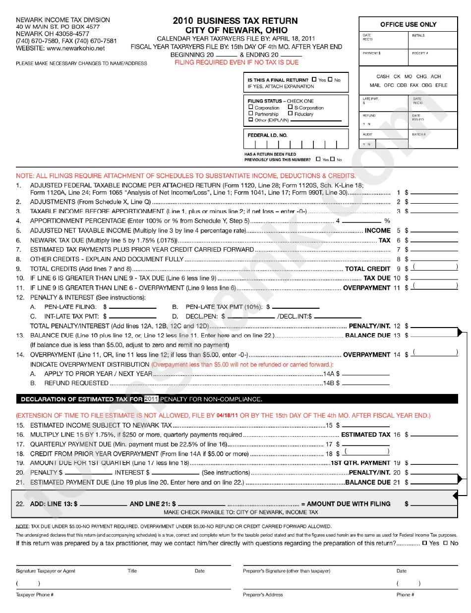 Business Income Tax Return Form City Of Newark - 2010