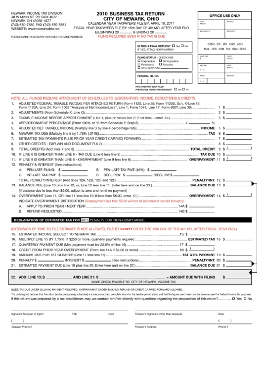 Business Income Tax Return Form City Of Newark - 2010 Printable pdf