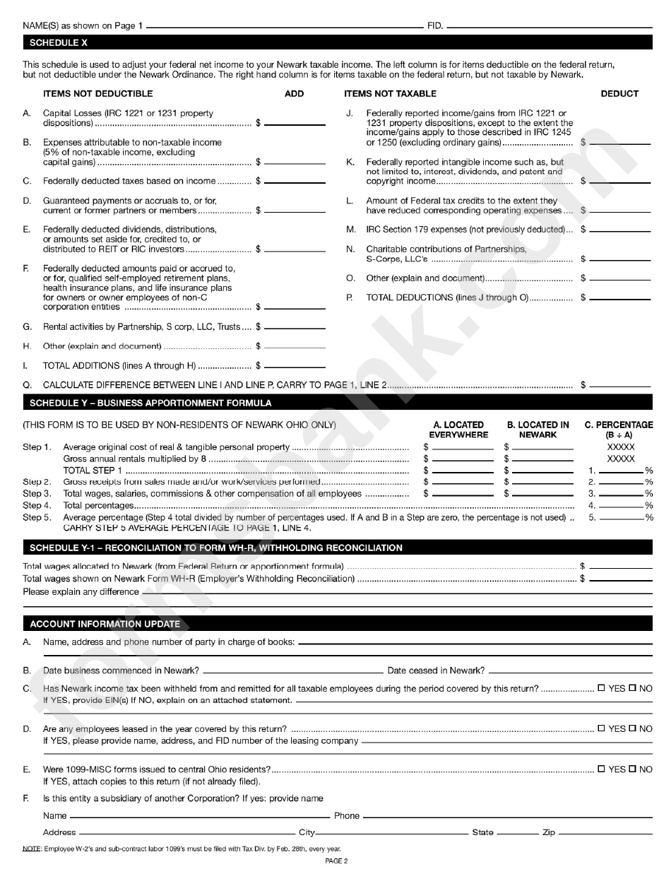 Business Income Tax Return Form City Of Newark - 2010