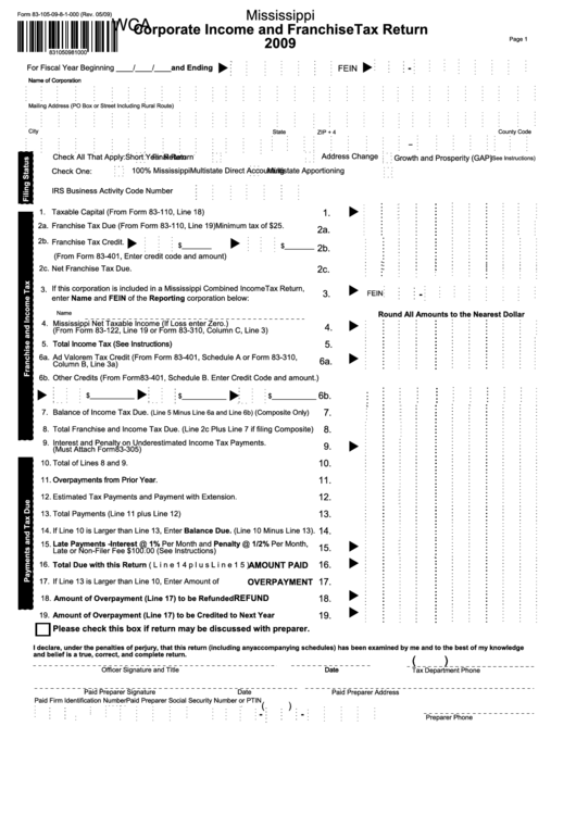 Fillable Form 83-105-08-8-1-000 - Corporate Income And Franchise Tax Return - 2009 Printable pdf