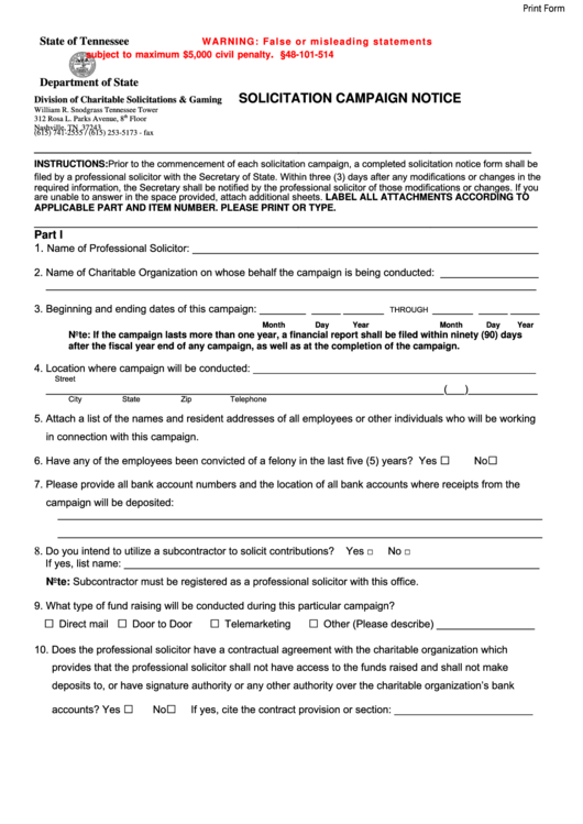 Fillable Form Ss-6020 - Solicitation Campaign Notice Printable pdf