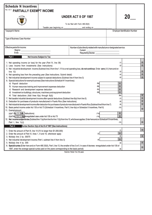 Schedule N Incentives - Partially Exempt Income - 2011 Printable pdf