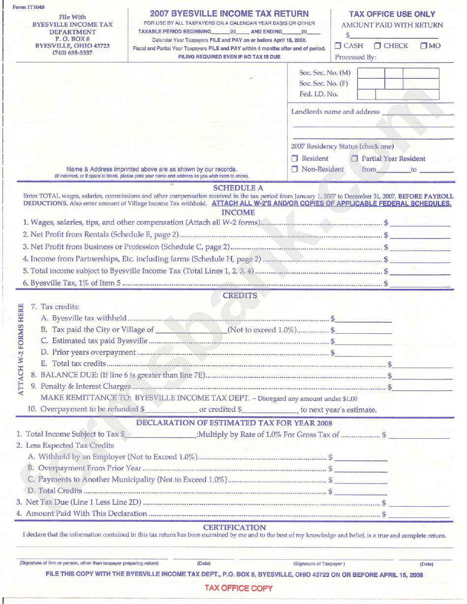 Form It1040 - Byesville Income Tax Return - 2007