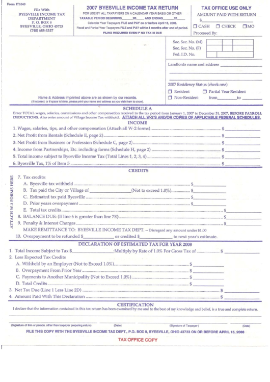 Form It1040 - Byesville Income Tax Return - 2007 Printable pdf