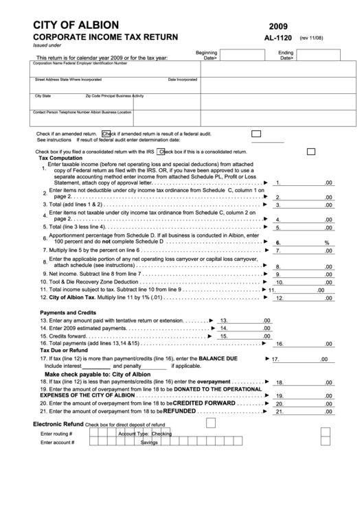 Form Al-1120 - Corporate Income Tax Return - 2009 Printable pdf