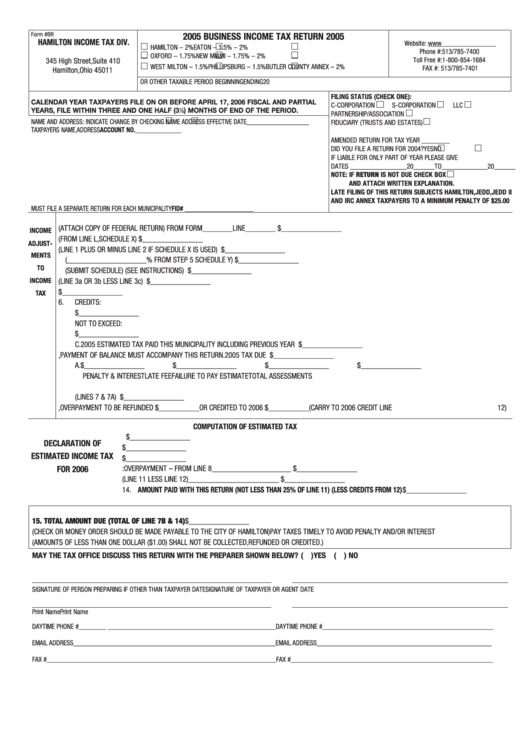 Form Br - Business Income Tax Return 2005 Printable pdf