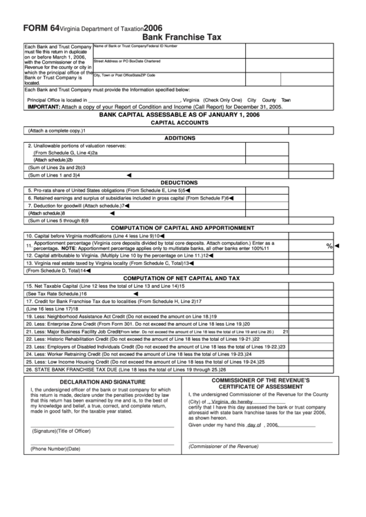 Form 64 - Bank Franchise Tax - 2006 Printable pdf