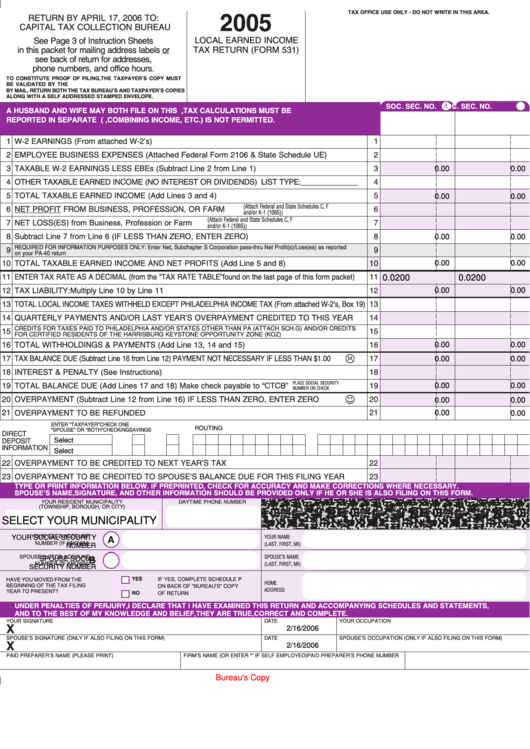 Fillable Form 531 - Local Earned Income Tax Return - 2005 Printable pdf