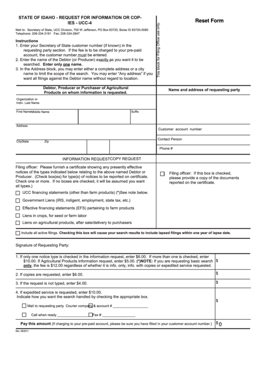 Fillable Form Ucc-4 - Request For Information Or Copies - 2011 Printable pdf