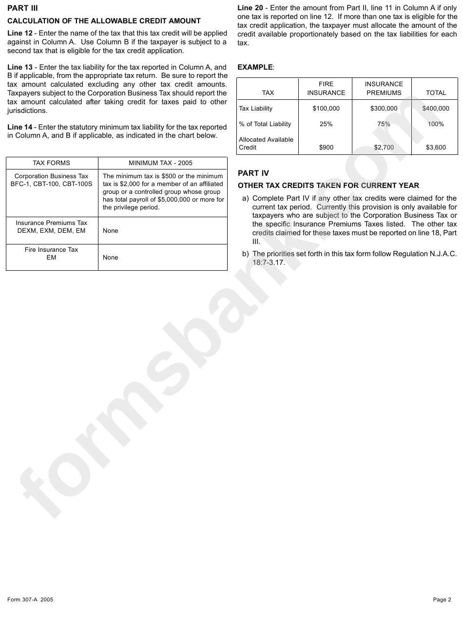Instructions For Form 307 - Smart Moves For Business Program Tax Credit - 2005