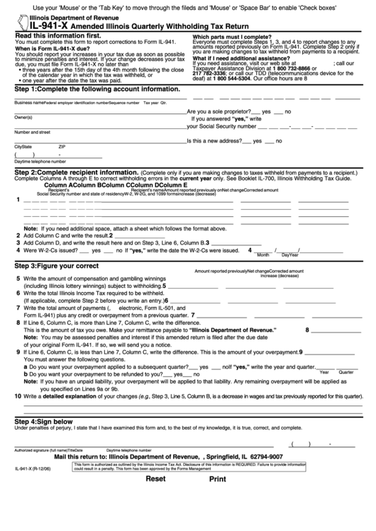 Fillable Form Il-941-X - Amended Quarterly Illinois Withholding Tax Return December 2006 Printable pdf