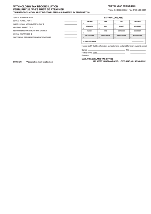 Withholding Tax Reconciliation Form - City Of Loveland Printable pdf