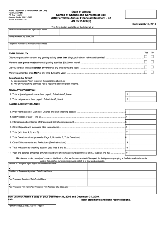 Form 04-833ez - Permittee Annual Financial Statement - 2010 Printable pdf