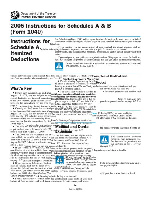 Instructions For Schedule A And B (form 1040) - Instructions For Shedule A, Itemized Deductions - 2005