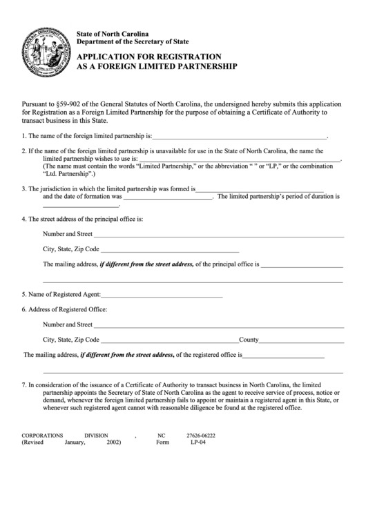 Fillable Form Lp-04 - Application For Registration As A Foreign Limited Partnership Printable pdf
