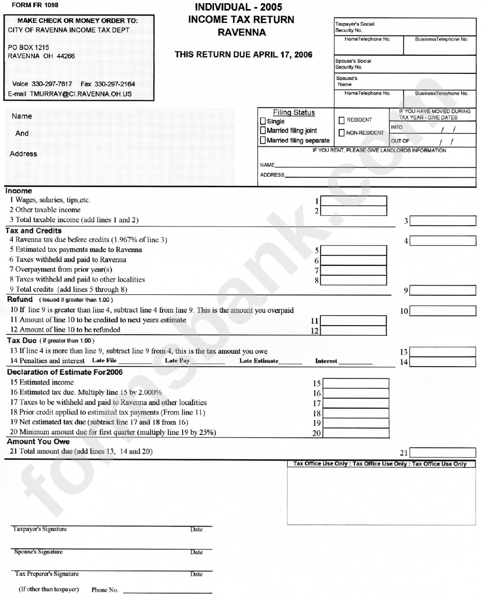 Form Fr 1098 - Income Tax Return - Individual - 2005