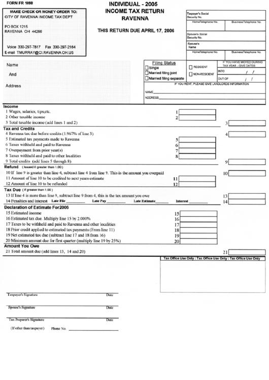 Form Fr 1098 - Income Tax Return - Individual - 2005 Printable pdf