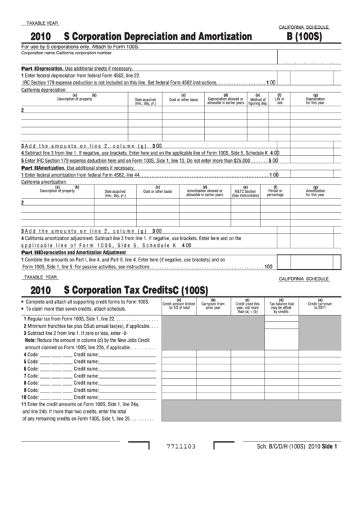 Fillable California Schedule B (100s) - S Corporation Depreciation And Amortization - 2010 Printable pdf