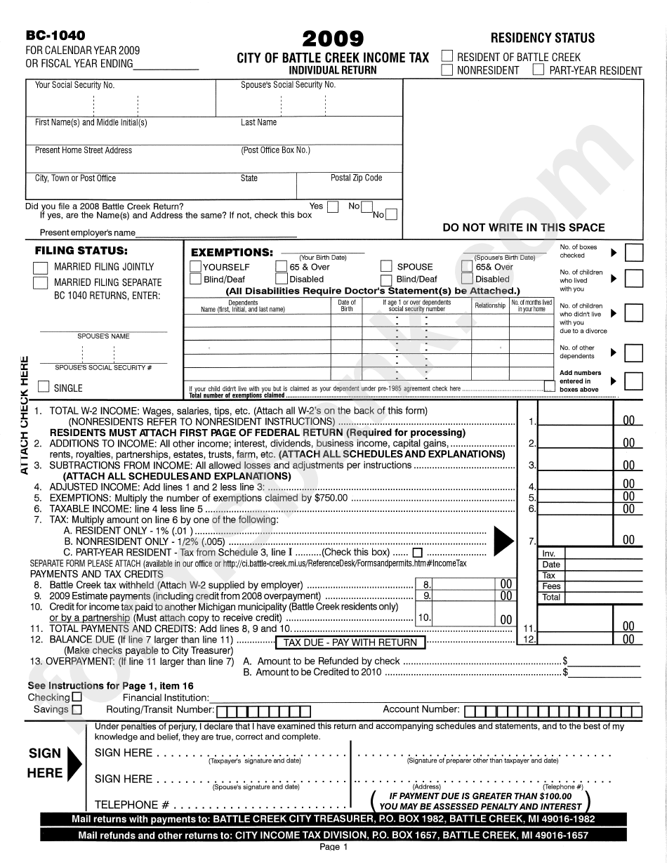 Form Bc 1040 City Of Battle Creek Income Tax Individual Return 2009 