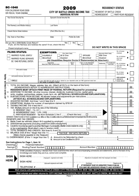 Form Bc-1040 - City Of Battle Creek Income Tax Individual Return - 2009 Printable pdf