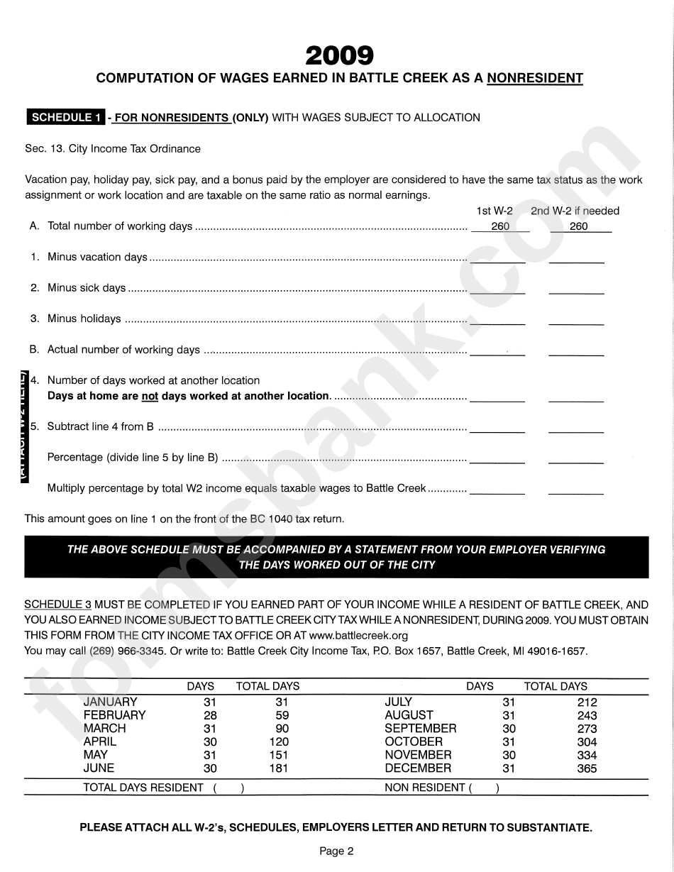 Form Bc-1040 - City Of Battle Creek Income Tax Individual Return - 2009