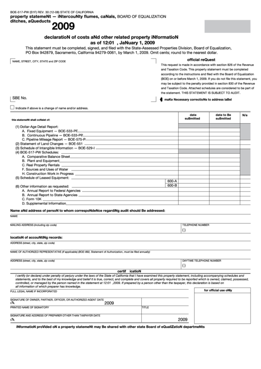Fillable Form Boe-517-Pw (S1f) - Declaration Of Costs And Other Related Property Information - 2009 Printable pdf
