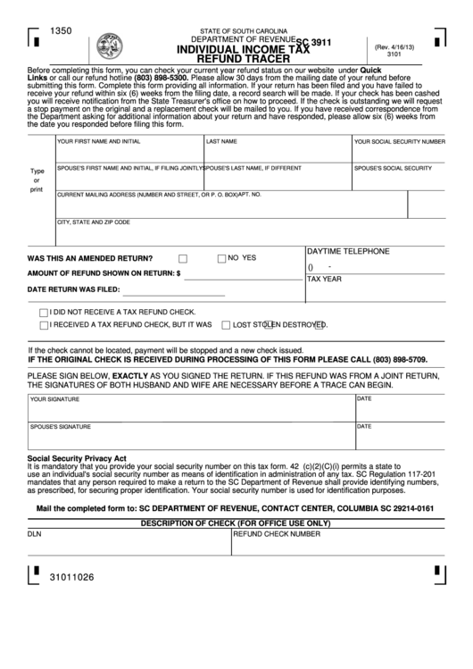Fillable Form Sc3911 - Individual Income Tax Refund Tracer Printable pdf