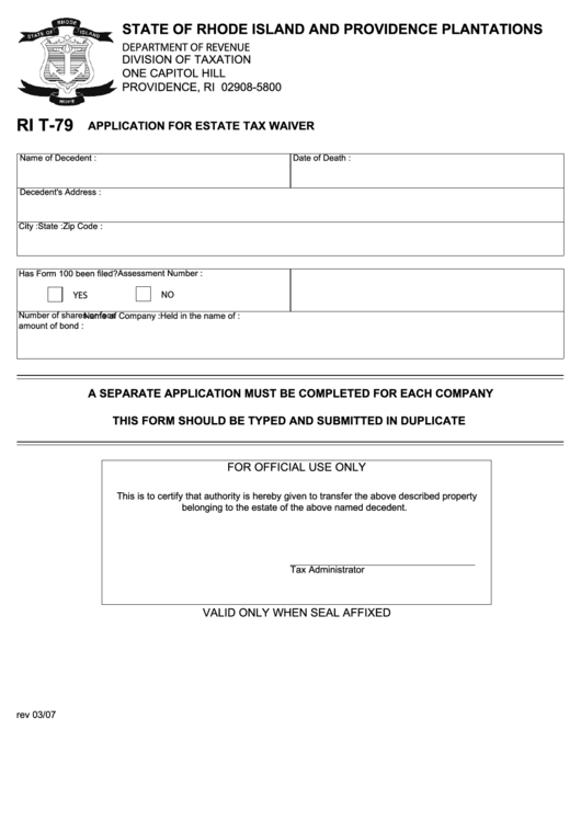 Fillable Form Ri T-79 - Spplication For Estate Tax Waiver Printable pdf