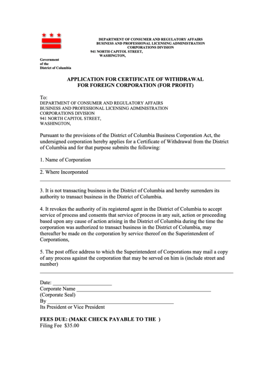 Application For Certificate Of Withdrawal For Foreign Corporation (For Profit) Printable pdf