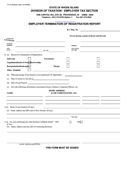 Form Tx-13 - Employeer Termination Of Registration Report Printable pdf