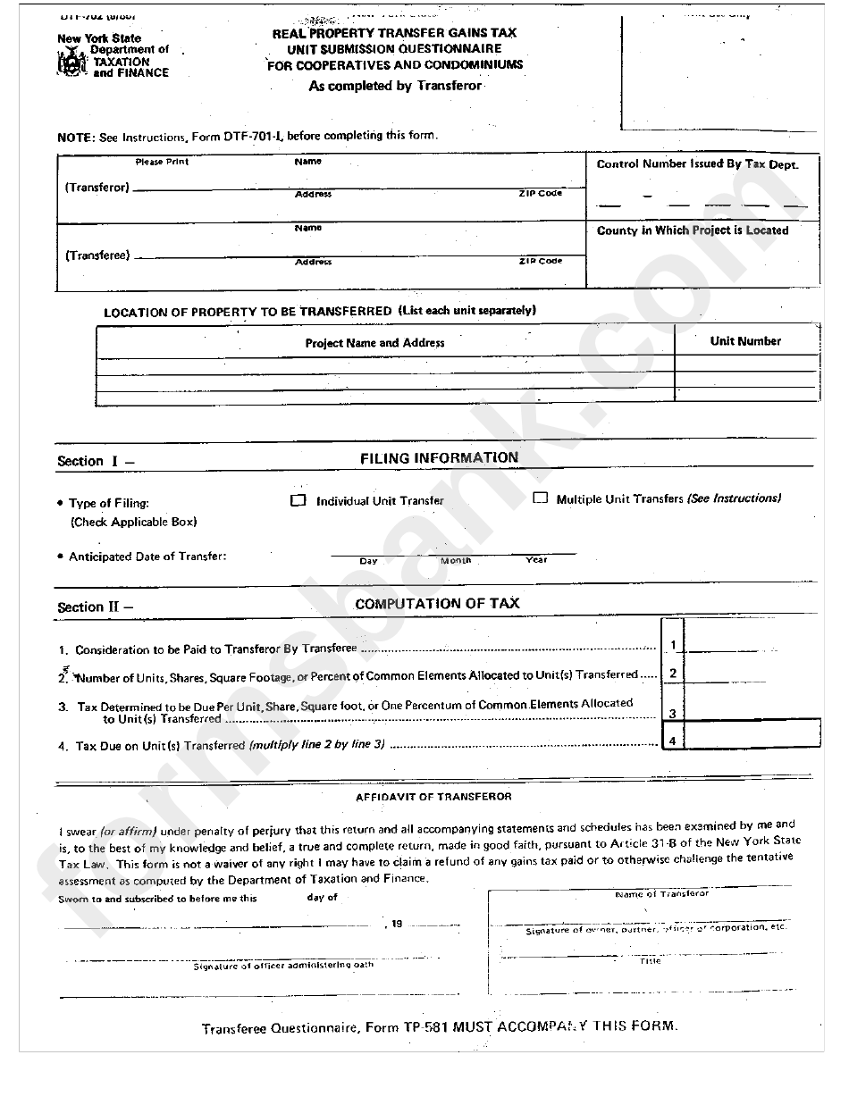 Form Dtf-701-I - Real Property Transfer Gains Tax Unit Submission Questionnaire For Cooperatives And Condominiums