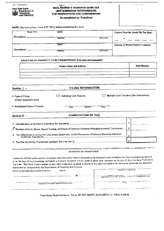 Form Dtf-701-I - Real Property Transfer Gains Tax Unit Submission Questionnaire For Cooperatives And Condominiums Printable pdf
