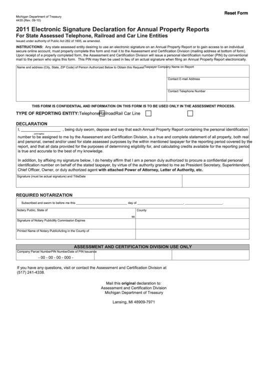 Form 4435 - Electronic Signature Declaration For Annual Property Reports For State Assessed Telephone, Railroad And Car Line Entities - 2011
