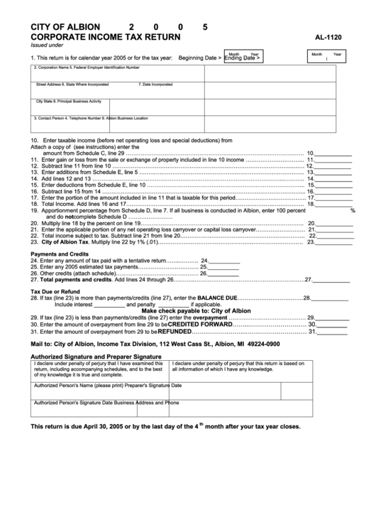 Form Al-1120 - Corporate Income Tax Return - 2005 Printable pdf