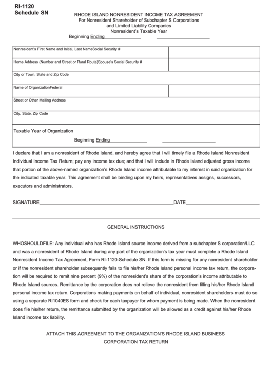 Form Ri-1120 - Rhode Island Nonresident Income Tax Agreement Printable pdf