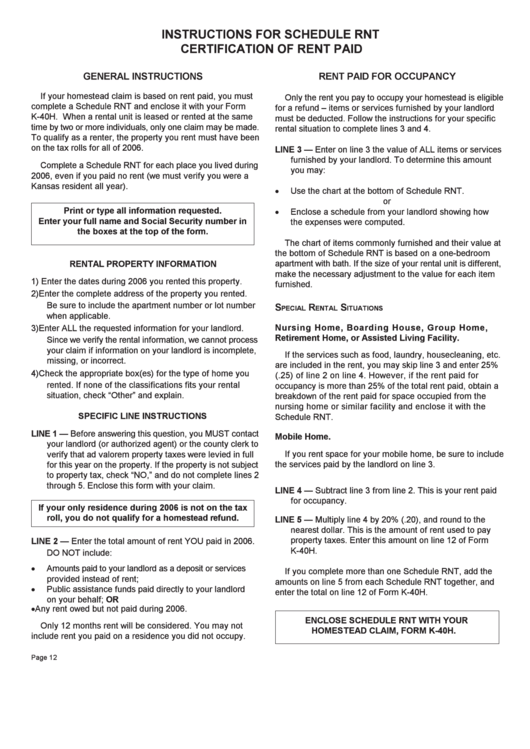 Instructions For Schedule Rnt Certification Of Rent Paid printable pdf ...