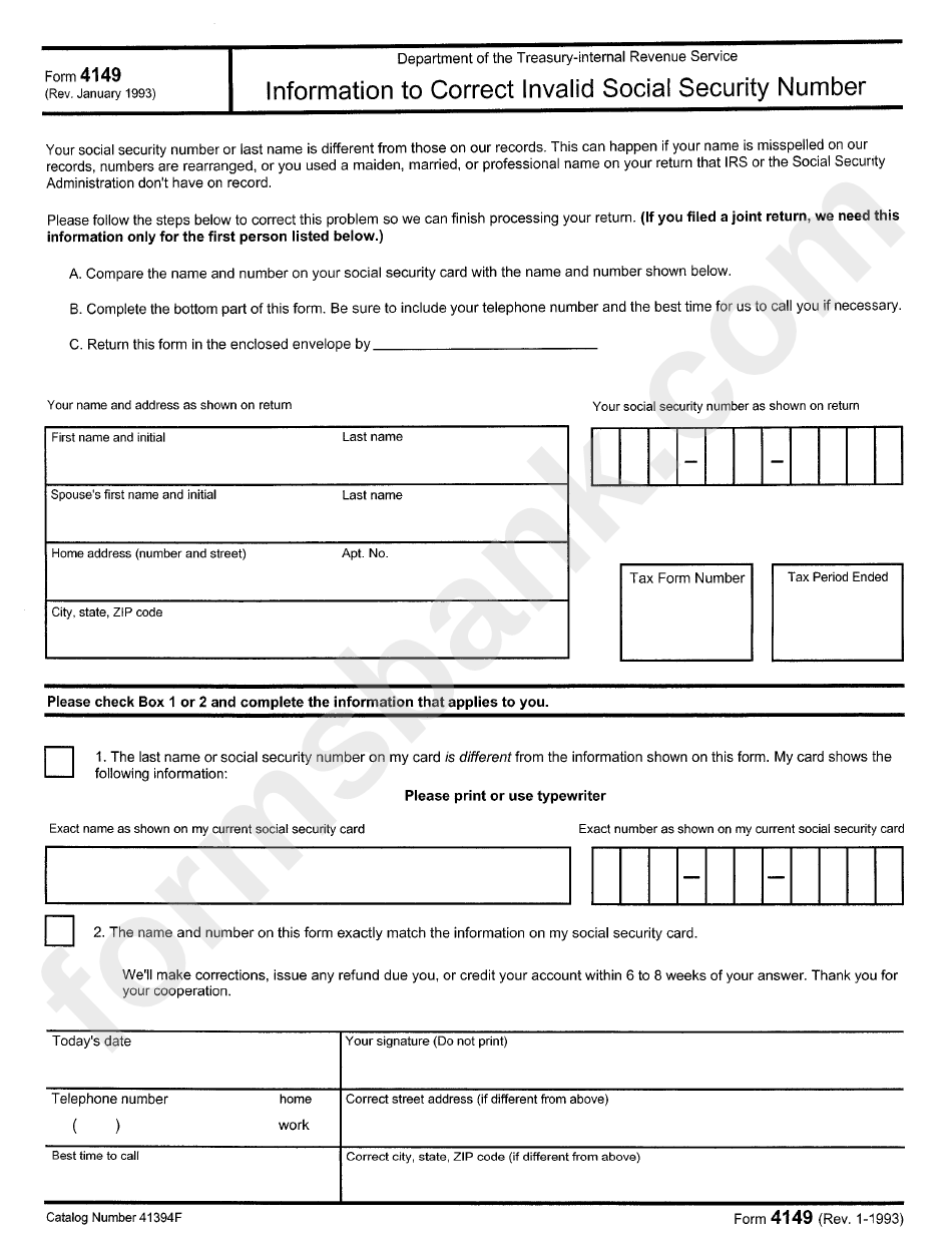 Form 4149 - Information To Correct Invalid Social Security Number