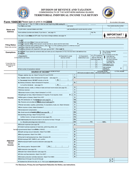 Fillable Form 1040cm - Territorial Individual Income Tax Return - 2008 Printable pdf