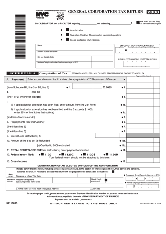 Fillable Form Nyc-4s-Ez - General Corporation Tax Return - 2008 Printable pdf