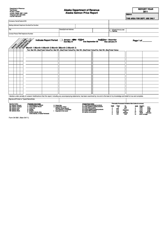 Form 04-560 - Alaska Salmon Price Report - 2011 Printable pdf