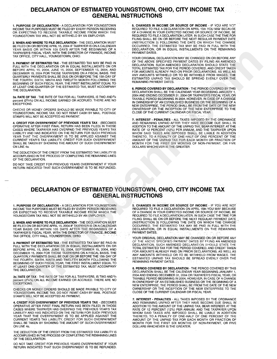 Declaration Of Estimated Youngstown, Ohio, City Income Tax General Instructions