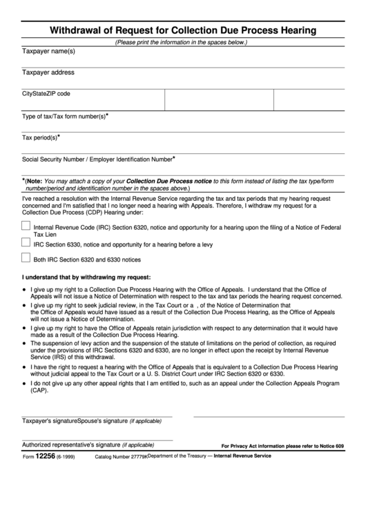 Form 12256 - Withdrawal Of Request For Collection Due Process Hearing Printable pdf