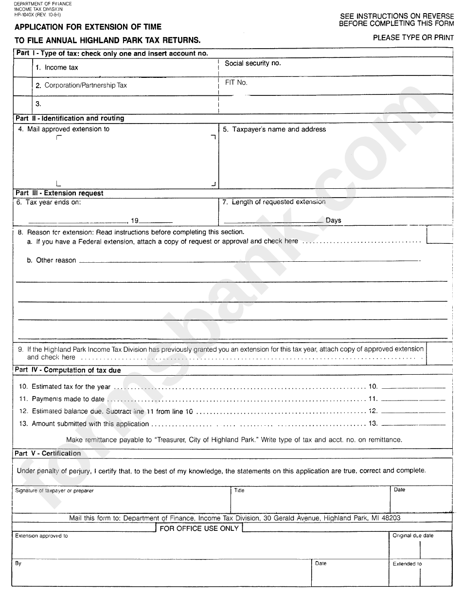 Form Hp-1040x - Application For Extension Of Time To File Annual Highland Park Tax Returns