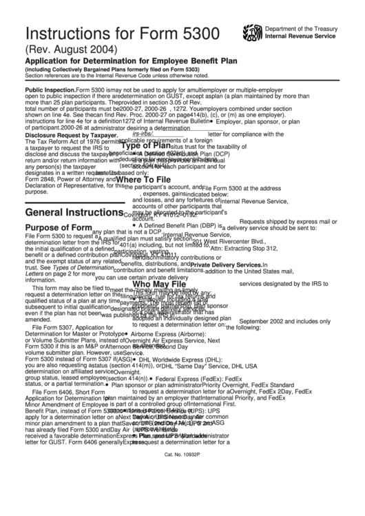 Instructions For Form 5300 - Application For Determination For Employee Benefit Plan - 2004 Printable pdf