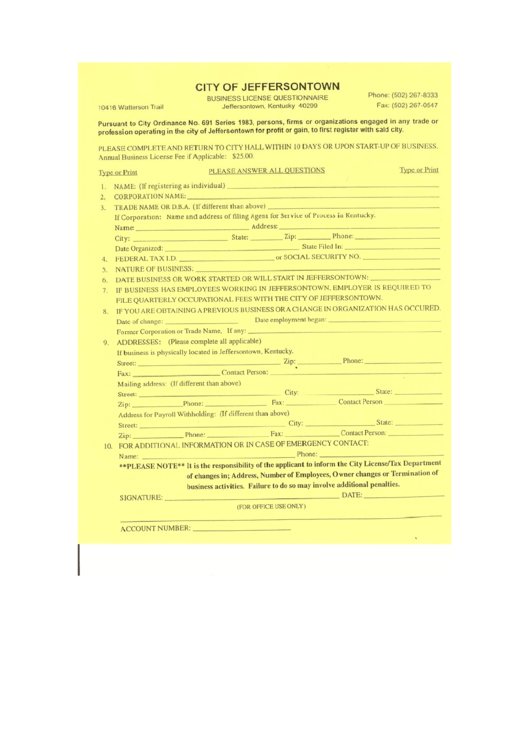 Business License Questionnaire - Kentucky Printable pdf