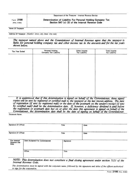 Form 2198 - Determination Of Liability For Personal Holding Company Tax Section 547 Of The Internal Revenue Code Printable pdf