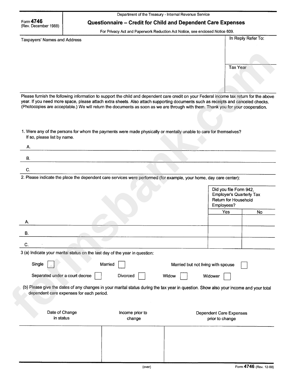 Form 4746 - Questionnaire-Credit For Child And Dependent Care Expenses