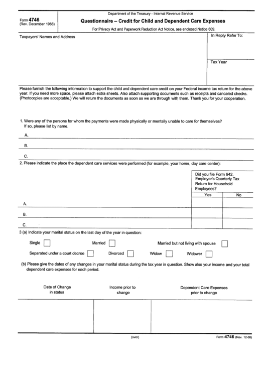 Form 4746 - Questionnaire-Credit For Child And Dependent Care Expenses Printable pdf