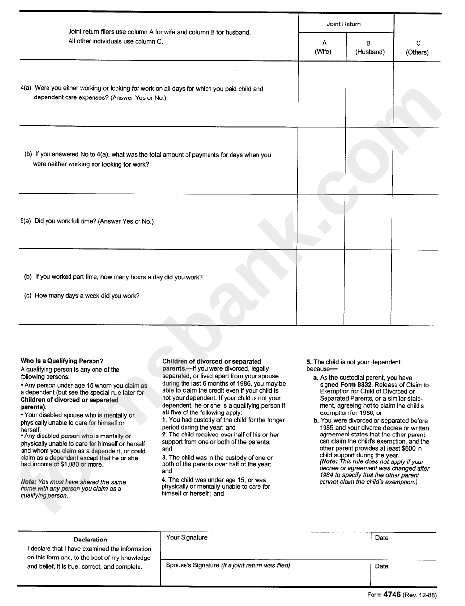 Form 4746 - Questionnaire-Credit For Child And Dependent Care Expenses